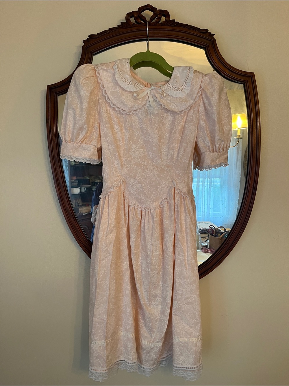 Gunne Sax Pale Pink Lace Trim Puff Sleeve Dress Jessica McClintock Siae 13 EUV